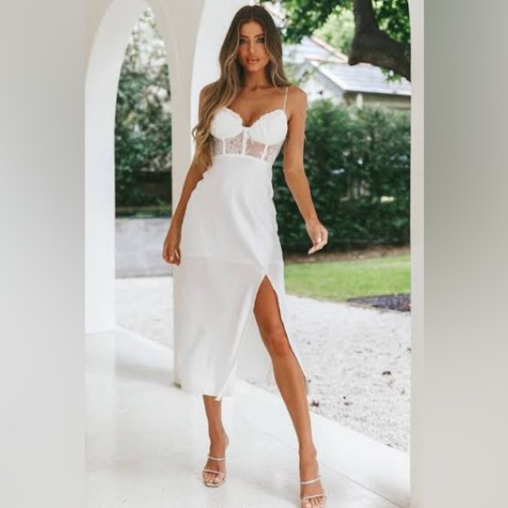 SELFIE LESLIE Trophy White Lace Bustier Midi Dress Corset Sheer Thigh Slit Large
